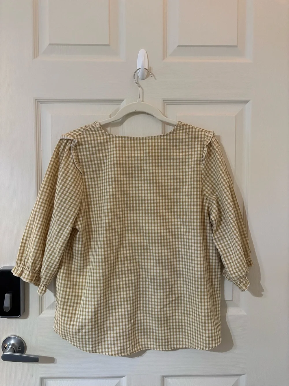 Womens' Gingham V-Neck Top in Beige